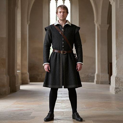 Photograph of a tall, serious-looking man in a black, medieval-style, long woolen tunic with white trim, brown belt, black leggings