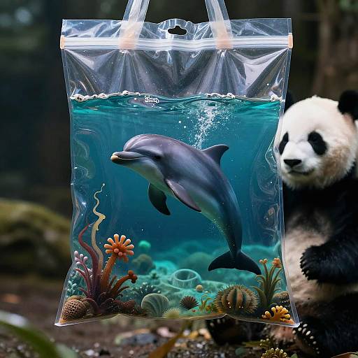 Photograph of a clear plastic bag with an underwater scene featuring a dolphin and coral, with a panda bear in the blurred background.