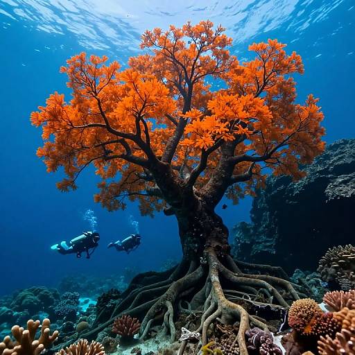 Majestic Underwater Tree with Divers