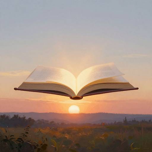 Photograph of an open book with glowing pages, centered against a sunset sky, with the sun partially hidden behind the book's pages. Faint silhouette