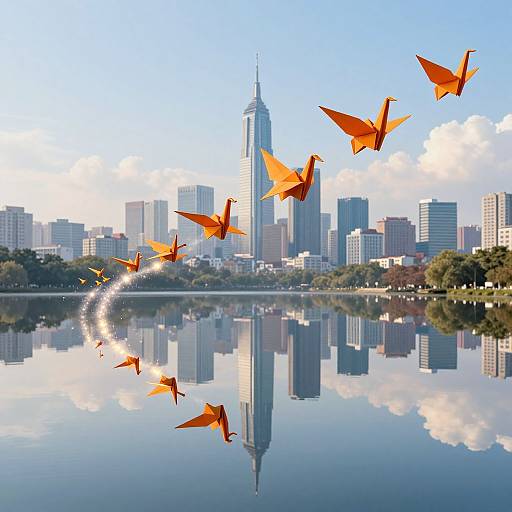 Photograph of a city skyline with a tall skyscraper, reflected in a calm lake; orange paper birds fly in a curved line across the sky.