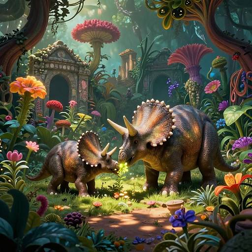 Ethereal Garden with Triceratops Family