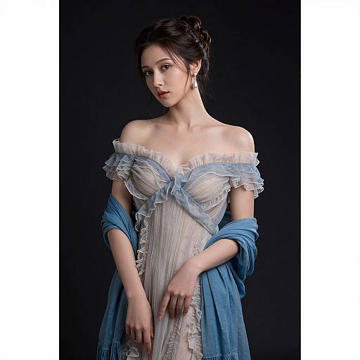 Photograph of a beautiful Asian woman with fair skin, dark hair in an updo, wearing an off-shoulder, frilled, white lace