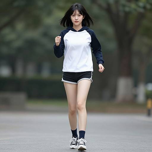 Photograph of an Asian woman jogging on a park path. She has black shoulder-length hair, wears a white raglan shirt, black shorts, and