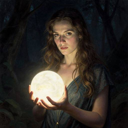 Photograph of a young woman with long brown hair, wearing a gray dress, holding a glowing orb in a dark forest. Illuminated by the orb