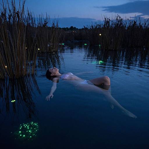Photograph of a woman in a white bikini floating in a blue-lit marsh at dusk, surrounded by tall reeds and glowing green lights.