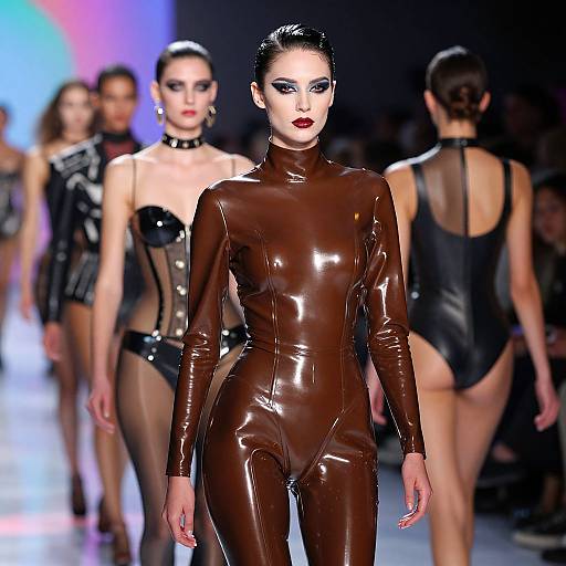 Photograph of a runway show featuring a front model in a shiny brown latex bodysuit, with three other models in black latex outfits behind her,