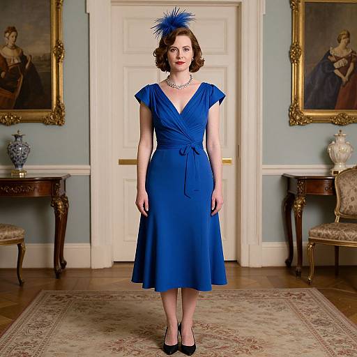 Photograph of a woman in a blue, 1940s-style dress and hat, standing in an elegant, classic room with framed portraits and antique