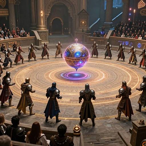 Epic fantasy battle scene: armored warriors circle a glowing, orb-like magic artifact on a circular, illuminated stone floor in a grand, dimly-l
