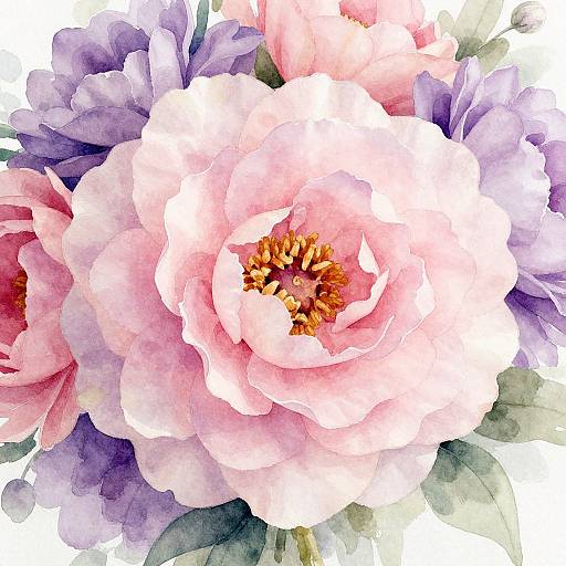 Watercolor painting of pink peonies with purple and lavender petals, yellow stamen center, and green leaves, set against a white background.
