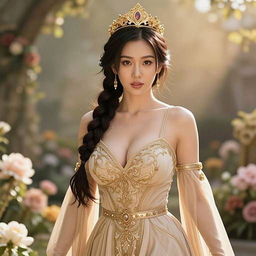 Digital art of an attractive Asian woman with long black hair in a braid, wearing a gold crown, ornate beige dress, and armlets,