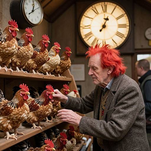 Photograph of an elderly man with bright red spiky hair, wearing a brown suit, inspecting numerous brown chickens on wooden shelves in a rustic shop