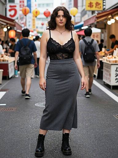 Photograph of a curvy woman with wavy dark hair, wearing a black lace top and gray skirt, black boots, standing in a vibrant,