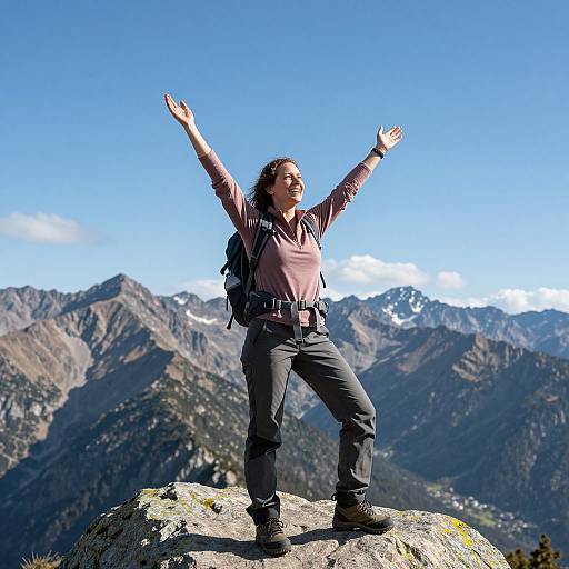 Photograph of a smiling woman with curly hair, raising arms, wearing a pink long-sleeve shirt, black pants, and backpack, standing on