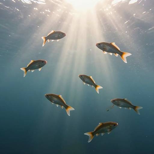 Photograph of seven fish with orange-tipped tails swimming underwater, illuminated by sunlight beams filtering through the blue water.