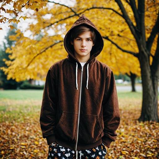 Young Man Wearing Brown Hoodie in Autumn Park