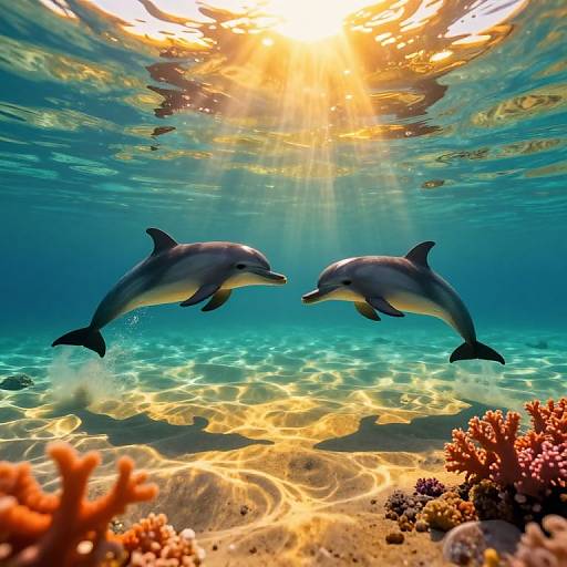 Photograph of two dolphins swimming underwater, bathed in sunlight, above a sandy ocean floor with colorful coral and rocks.