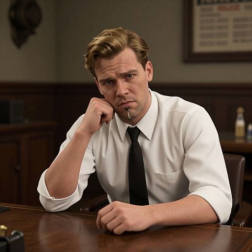 Photograph of a serious, handsome man with light brown hair, wearing a white shirt and black tie, resting his chin on his hand at a dark