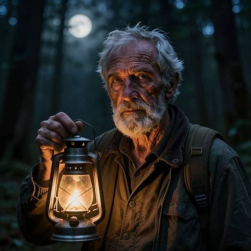 Photograph of an older man with white hair and beard, holding a glowing lantern in a dark, moonlit forest, wearing a brown shirt and backpack
