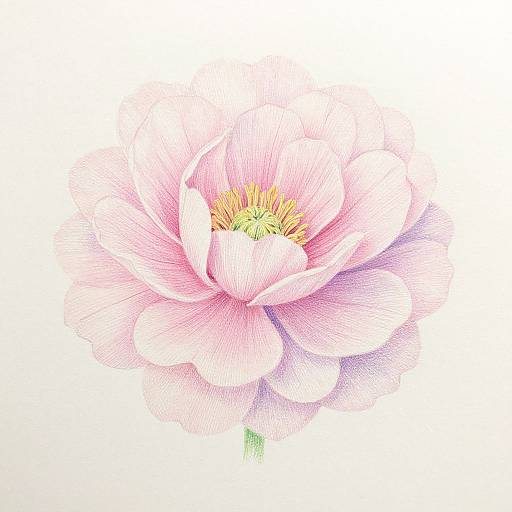 Detailed, pink-hued, digitally-drawn peony flower with delicate, layered petals and a yellow-green center, set against a stark white background.