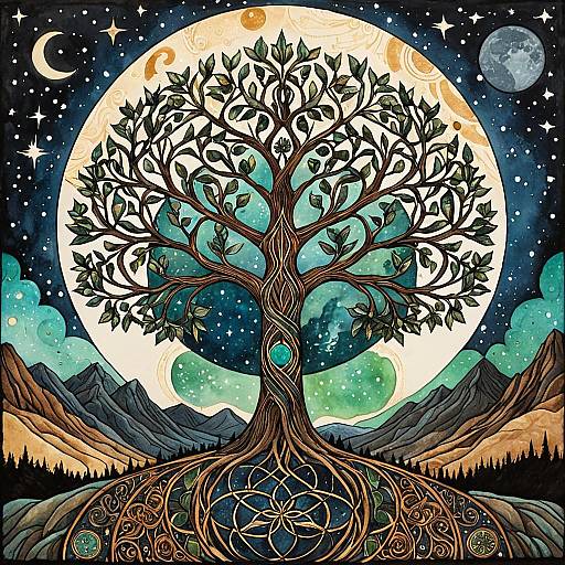 Stylized Tree of Life with Celestial Elements