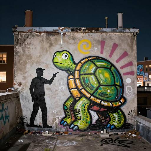Nighttime urban graffiti mural of a large, colorful, cartoon turtle with a silhouetted artist pointing at it on a weathered rooftop.