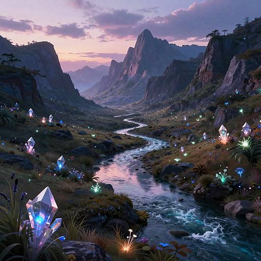 Fantasy landscape at twilight, illuminated glowing crystals along a winding river, surrounded by dark, rocky mountains under a purple-pink sky.