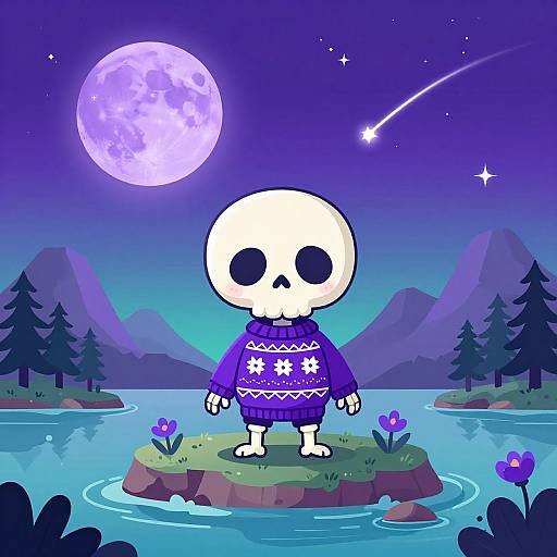 Cute Skeleton on Purple Island Night