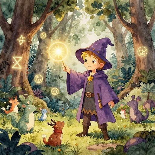 Whimsical Young Wizard Watercolor
