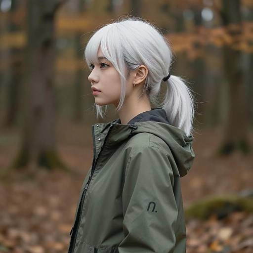 White-Haired Girl in Autumn Forest