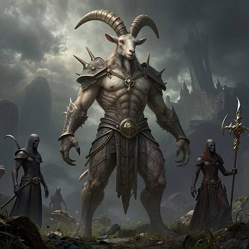 Digital fantasy art: Muscular, horned goat-man in dark armor stands center, flanked by robed figures, under cloudy sky, with castle