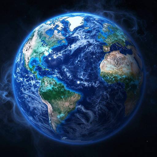 Photorealistic CGI of Earth from space, showing vibrant blue oceans, white clouds, green and brown landmasses, and a bright sunlit atmosphere