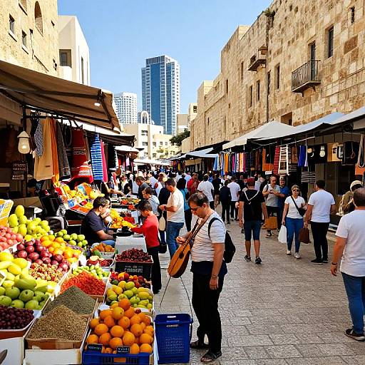 Photograph of a bustling outdoor market in a historic stone-walled street, with colorful fruit stalls, shoppers, and modern high-rise buildings in the background