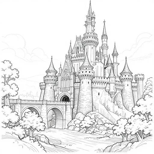Detailed black-and-white line drawing of a grand, fairy-tale castle with multiple towers, arched entrances, and intricate stone patterns, surrounded by lush