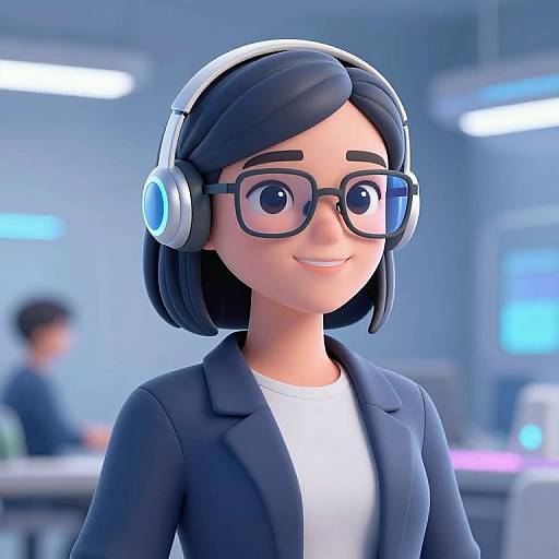 CGI anime-style girl with black bob, glasses, and headphones, wearing a black blazer over a white shirt, smiling in a modern, brightly