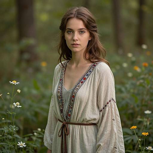 Photograph of a young woman with fair skin and brown wavy hair, wearing a white, embroidered, long-sleeve dress, standing in a