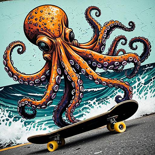 Octopus Skateboarding Street Art