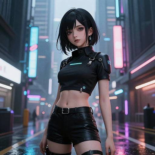 CGI anime-style girl with black bob, wearing black leather crop top and shorts, standing in neon-lit, rainy urban street.