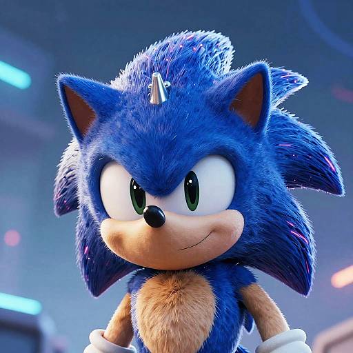 Close-up CGI of Sonic the Hedgehog, blue fur, spiky quills, green eyes, white gloves, tan chest, confident expression, blurred