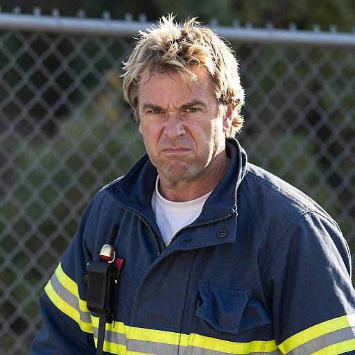 Intense Firefighter in Blue Jacket