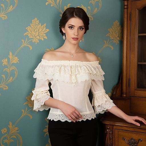 Photograph of a fair-skinned woman with dark hair, wearing an off-shoulder white lace top and black skirt, standing against a teal floral