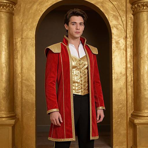 Young man with fair skin and dark brown hair, wearing a red velvet coat with gold trim, white shirt, and gold patterned vest, stands in