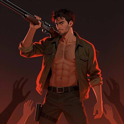 Shirtless Man with Shotgun in Red Light
