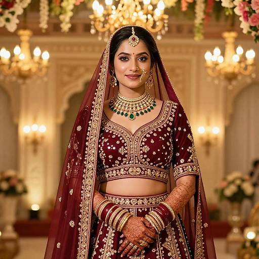 Photograph of an elegant South Asian bride in a maroon embroidered lehenga and veil, adorned with gold jewelry and a green necklace, standing in a