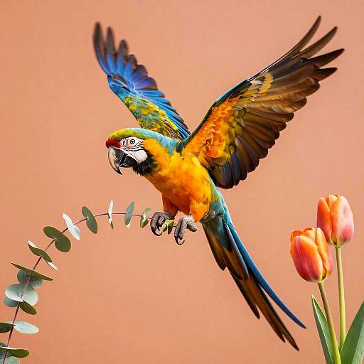 Vibrant blue-and-yellow macaw mid-flight, clutching green eucalyptus leaves, flies past orange tulips against a peach background