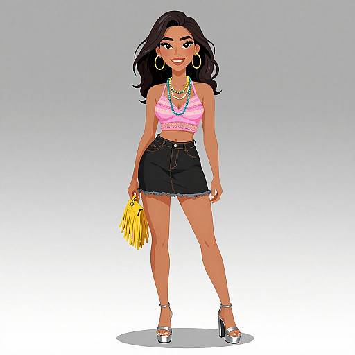 Digital illustration of a smiling, dark-haired woman in a pink crop top, black denim skirt, and high heels, holding a yellow fringe purse, with