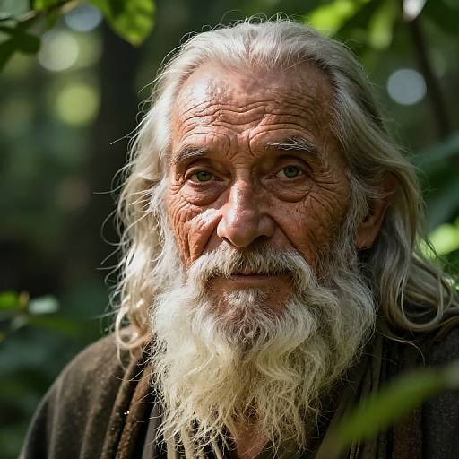 Photograph of an elderly man with a long, white, wavy beard, deep wrinkles, and green eyes, standing in a sunlit forest with