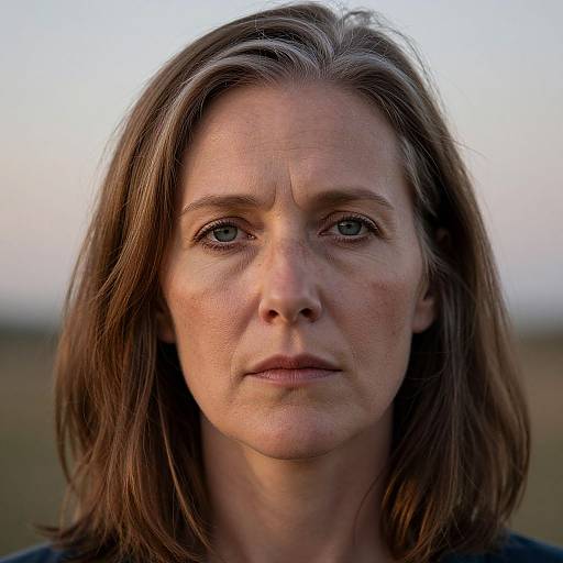 Photograph of a middle-aged woman with fair skin, brown shoulder-length hair, and blue eyes, looking directly at the camera against a blurred outdoor background