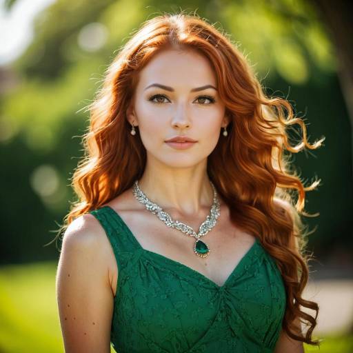 Redhead Woman in Green Dress with Jewelry
