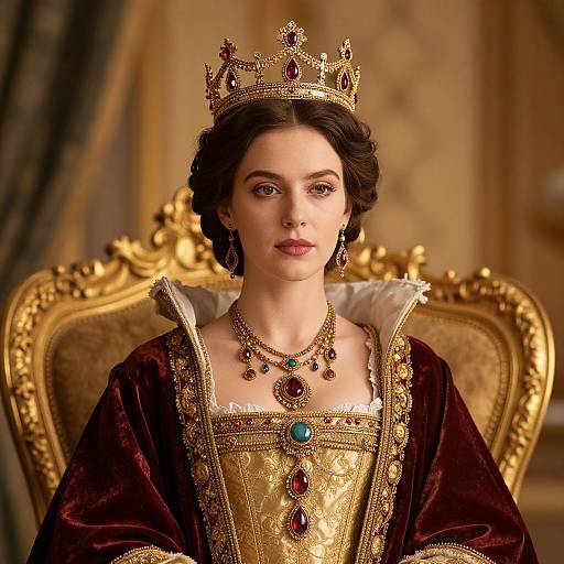 Photograph of a fair-skinned woman with dark hair, wearing a gold crown, ornate maroon gown, and jewelry, seated on an orn